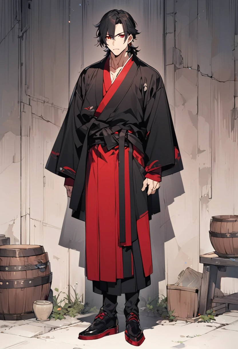 A anime man, black short hair, mullet haircut, red eye, black and red kimono, standing, full body, adult, average muscular body