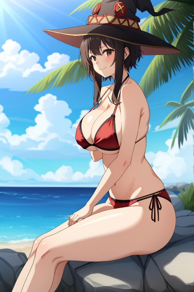 (masterpiece, best quality), intricate details,
1girl, megumin, short hair, hat, witch hat
1girl, solo, breasts, looking_at_viewer, smile, large_breasts, cleavage, bare_shoulders, collarbone, sitting, sitting on rock, legs crossed, thick thighs, thong underwear, from_below, breasts, large breasts, big breasts, huge breasts, big tits, giant breasts, small bikini, bikini, red bikini, bare shoulders, bare arms, beach, ocean, underboob, island background
