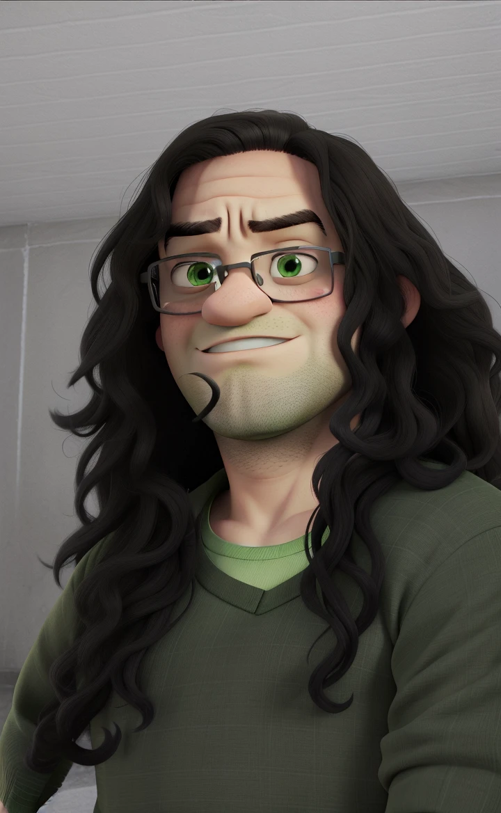 Angry fat boy with dark hair and glasses in a green uniform