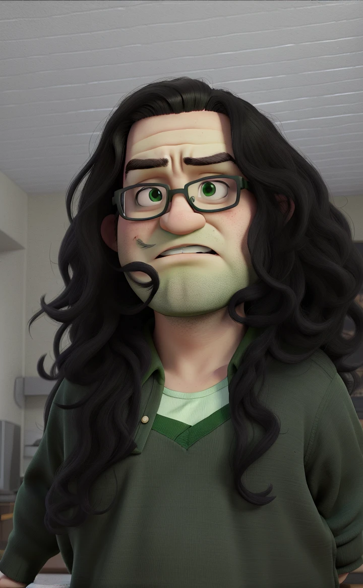 Angry fat boy with dark hair and glasses in a green uniform