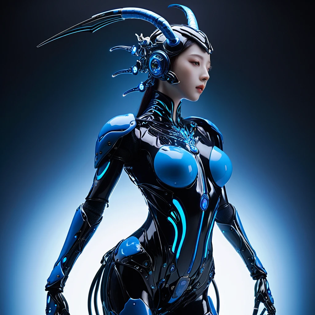 (Model pose, K-POPアイドル), cyborg少女、A horned demon with deep blue wings falls from the sky, (RAW Photos), beautiful効果, Vibrant colors, The body is made of dragon scales, Ryujin's、Ray Tracing, Tabletop, Highest quality, super high quality, 不条理なdetailed, (The best light), (Best Shadow), sharp, Clear images, detailed, 非常にdetailed, High resolution, 8k, 4K, Hmph, Volumetric, detailed black armor, (Particle Effects), Creative images with machine edited backgrounds、Our bodies are made of machines、Our bodies are made of machines、beautiful, very detailed porcelain woman in profile、cyborg、Robot parts、150mm、beautifulスタジオの柔らかな光、Rim Light、鮮明なdetailed、Gorgeous Cyberpunk、Ren Hao、Surreal、Anatomical、NSFW Girl、cable, wire, Microchip、elegant、beautiful背景、Big Blue Full Moon、AI-generated paintings by Sea Art、It depicts a fascinating image of yin and yang...., (Highest quality, Exquisite design, The The best lighting, Better shading).High heels、Angle from below the knee、anklet、Blue moon background on blue background、blue eyes、The flame that Burns everything、disaster々Burn、disaster々Emitting an aura、
