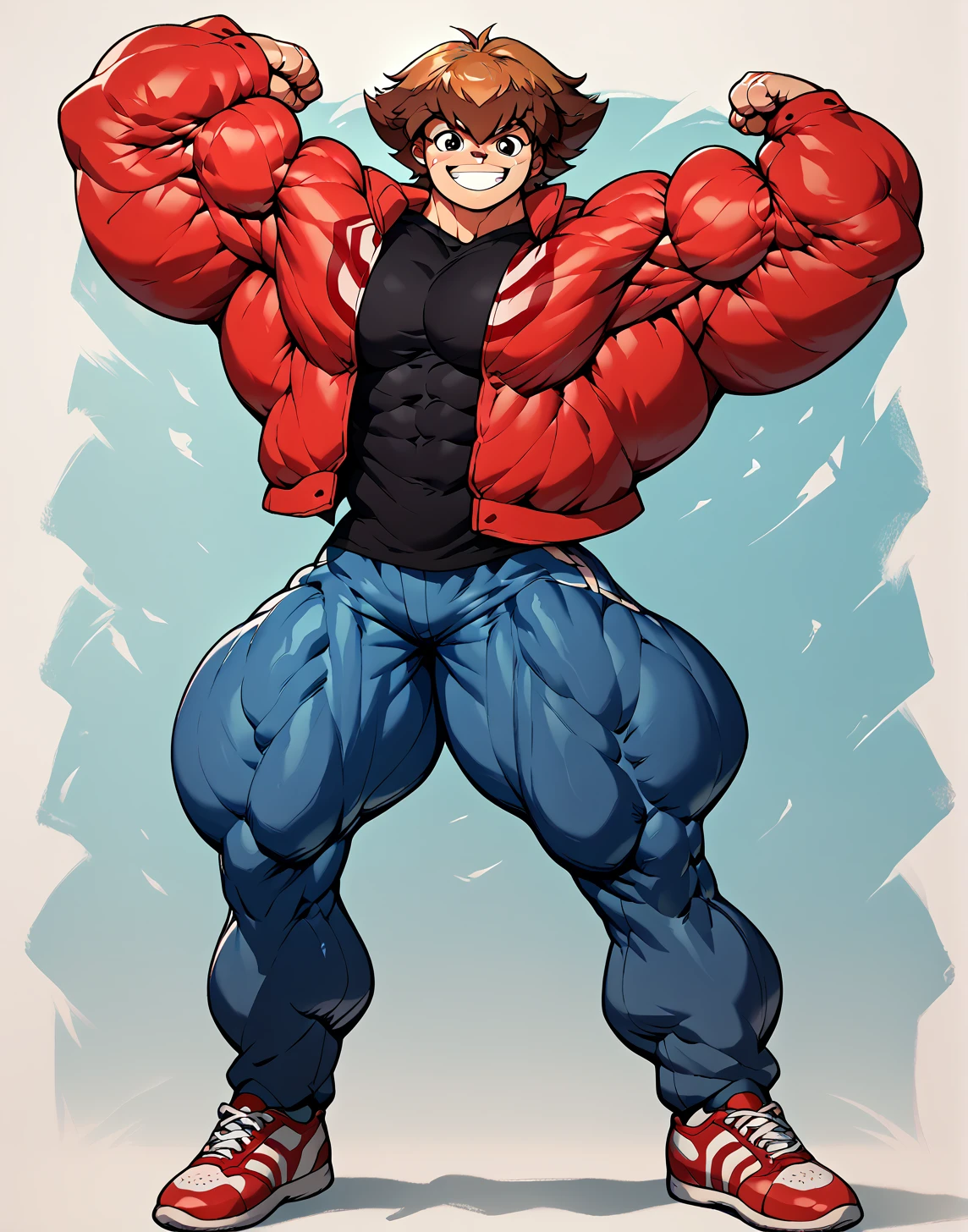 alone, Whole body,smiling , muscular, hypermuscle, huge muscle, big muscles, pectoral muscle , 1 chico  , big pecs , muscular thighs, muscular glutes  , young , cheered up , yu give oh! , jaden yuki  , black shirt, Red jacket, blue pants, Red shoes, Brown hair , pokkuti , hyper
muscular