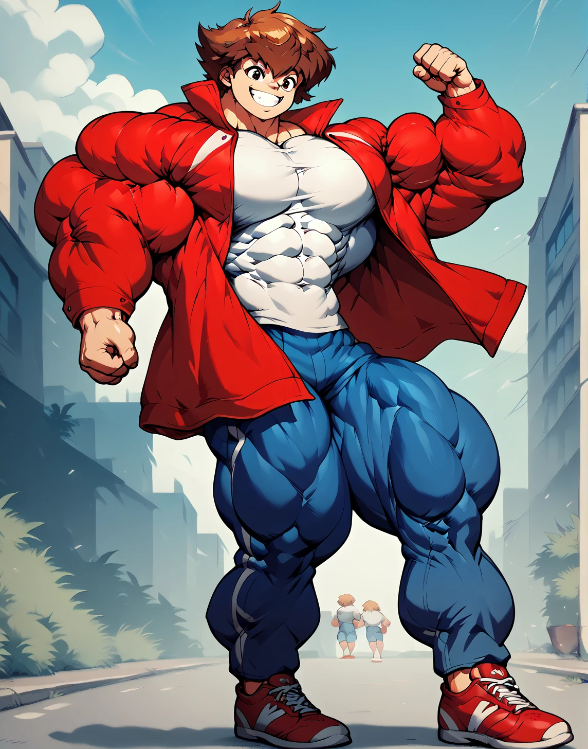 alone, Whole body,smiling , muscular, hypermuscle, huge muscle, big muscles, pectoral muscle , 1 chico  , big pecs , muscular thighs, muscular glutes  , young , cheered up , yu give oh! , jaden yuki  , black shirt, Red jacket, blue pants, Red shoes, Brown hair , pokkuti , hyper
muscular