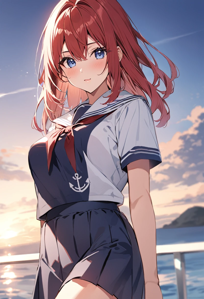 masutepiece++, Best Quality++, ultra-definition++, ultra-definition++, rey tracing, 4K or more++, 8K or more++, Slight details, (Background Focus )++,Young woman with golden laurel wreath, (((Ultramarine hair))), (((White dip dyed hair))), (((red streaked hair))),sailor,Sailor collar,White shirt, skirt by the,anchor,