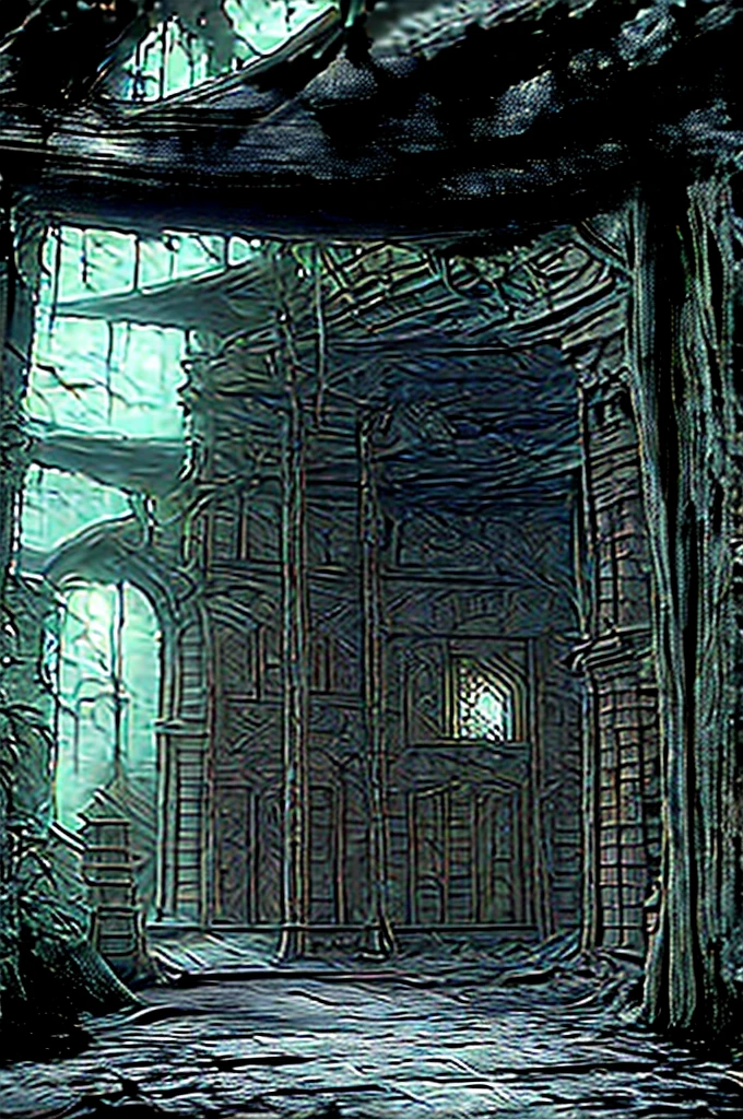 a dungeon full of monsters, with fairies and gnomes between the cracks in the walls and lots of moss inside