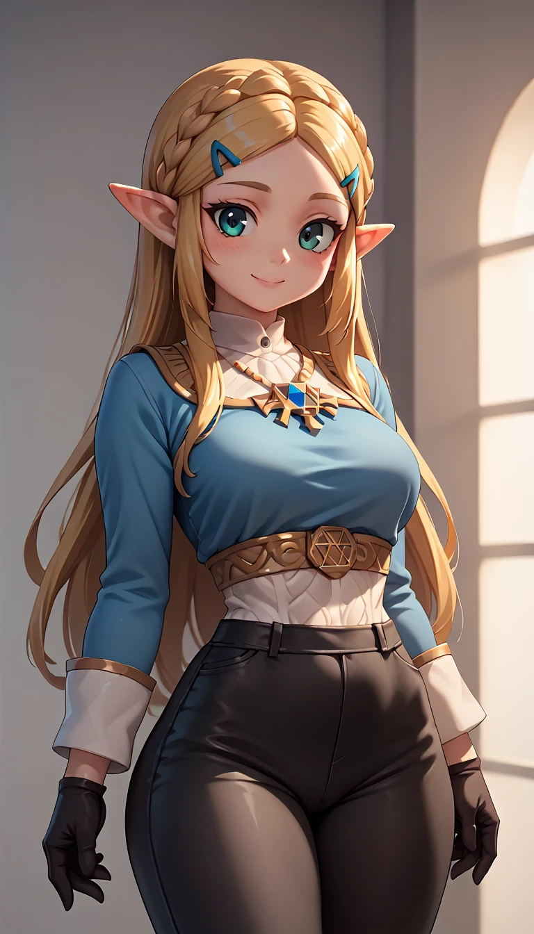 High resolution, Very detailed, perfect lighting, beautiful detailed eyes, ((masterpiece,Best Quality)), absurdities, alone, princess zelda, by the width, crown braid, Hair clip, pointy ears, blue shirt, long sleeves, Gloves without fingers, black gloves, Black pants, tight pants, smile, curves, nod, , deep neckline, deep neckline