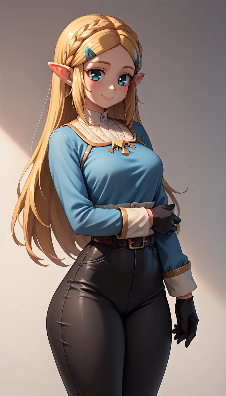 High resolution, Very detailed, perfect lighting, beautiful detailed eyes, ((masterpiece,Best Quality)), absurdities, alone, princess zelda, by the width, crown braid, Hair clip, pointy ears, blue shirt, long sleeves, Gloves without fingers, black gloves, Black pants, tight pants, smile, curves, nod, , deep neckline, deep neckline