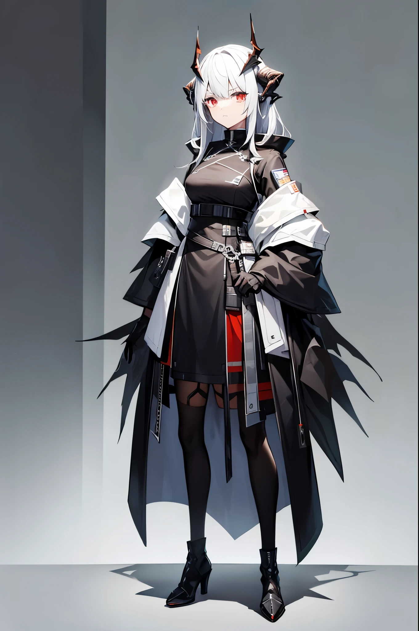 Arknights Characters,Sarkaz,Long black horns on the head,Arknights style,Latter-day rough soil,High-tech equipment,Source stone装备,Source stone,Tall girl,a battle man,Look solemn,角色Standing picture,Standing picture,detail,人物Standing picture,whole body,Standing picture,detail,Face clarity,Combat attire,Tall and tall,Royal sister,Black hair,White highlights,Black and white hair