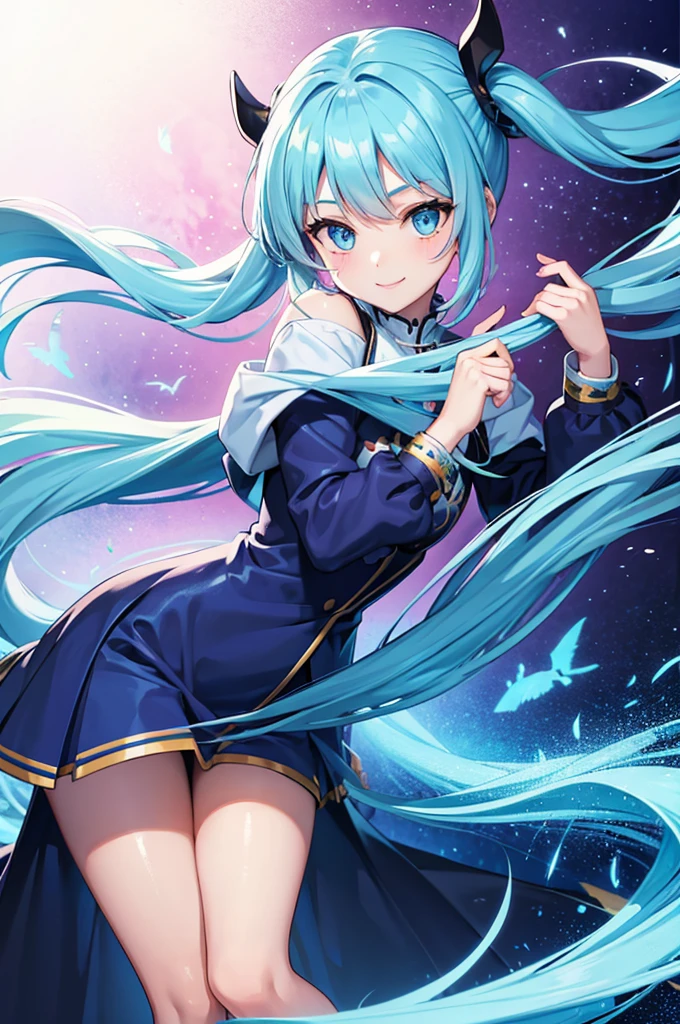 Beautiful girl riding a dragon　Light blue long hair　Twin tails　Bright smile　