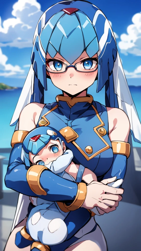 Leviathan_Megamanz, 1 Girl ,Looking at the viewer , blue hair, Blue eyes,Clouds background , Blushed, Wedding ring, Glasses, Holding a baby girl in hands, 