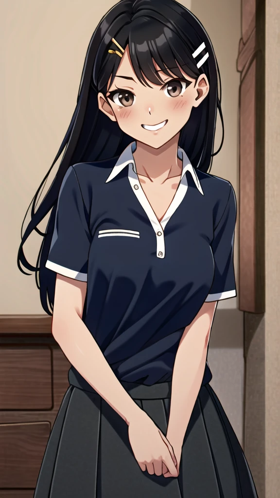 ((best quality)), ((masterpiece)), (details), one girl, sexy ((best quality)), ((masterpiece)), (details), one girl, sexy ((best quality)), ((masterpiece)), (details), one girl, full body, sexy expensive body, expensive, long legs, mature woman, mature, adult, it_nagatoro_main, Hayase Nagatoro, one girl, blushing, alone, uniform polo shirt, short sleeves, black hair,brown eyes, hair accessory, looking at viewer, hair clip, smiling, long hair, dark skinned woman, dark skin, , bangs, daytime, skirt, collared shirt, collarbone, ear clip, mouth closed, tree, asymmetrical bangs, upper body