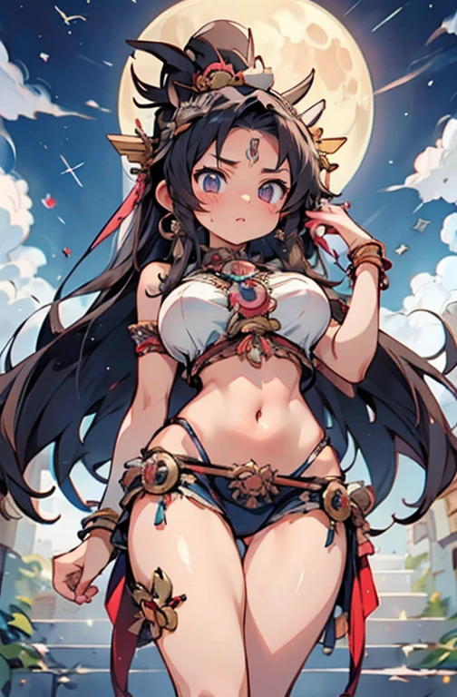 Anime Kawaii sexy Perfect Slim sensual body large breast and huge thighs, An intricate and highly detailed illustration of anime (Young girl). (((Aztec Goddess))) best qualityer, ultra-high resolution, Detailed CG in 4K, work of art, Coyolxauhqui ,moon goddess, aztec mythology, Aztec temple, Aztec clothing, natta, Mexico, aesthetics, Beautiful picture, centered on screen