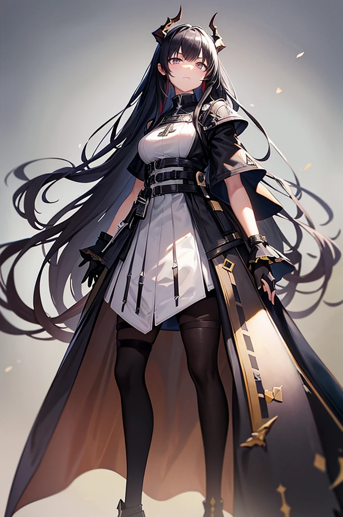 Arknights Characters,Sarkaz,Long black horns on the head,Arknights style,Latter-day rough soil,High-tech equipment,Source stone装备,Source stone,Tall girl,a battle man,Look solemn,角色Standing picture,Standing picture,detail,人物Standing picture,whole body,Standing picture,detail,Face clarity,Combat attire,Tall and tall,Royal sister,Black hair,White highlights,Black and white hair