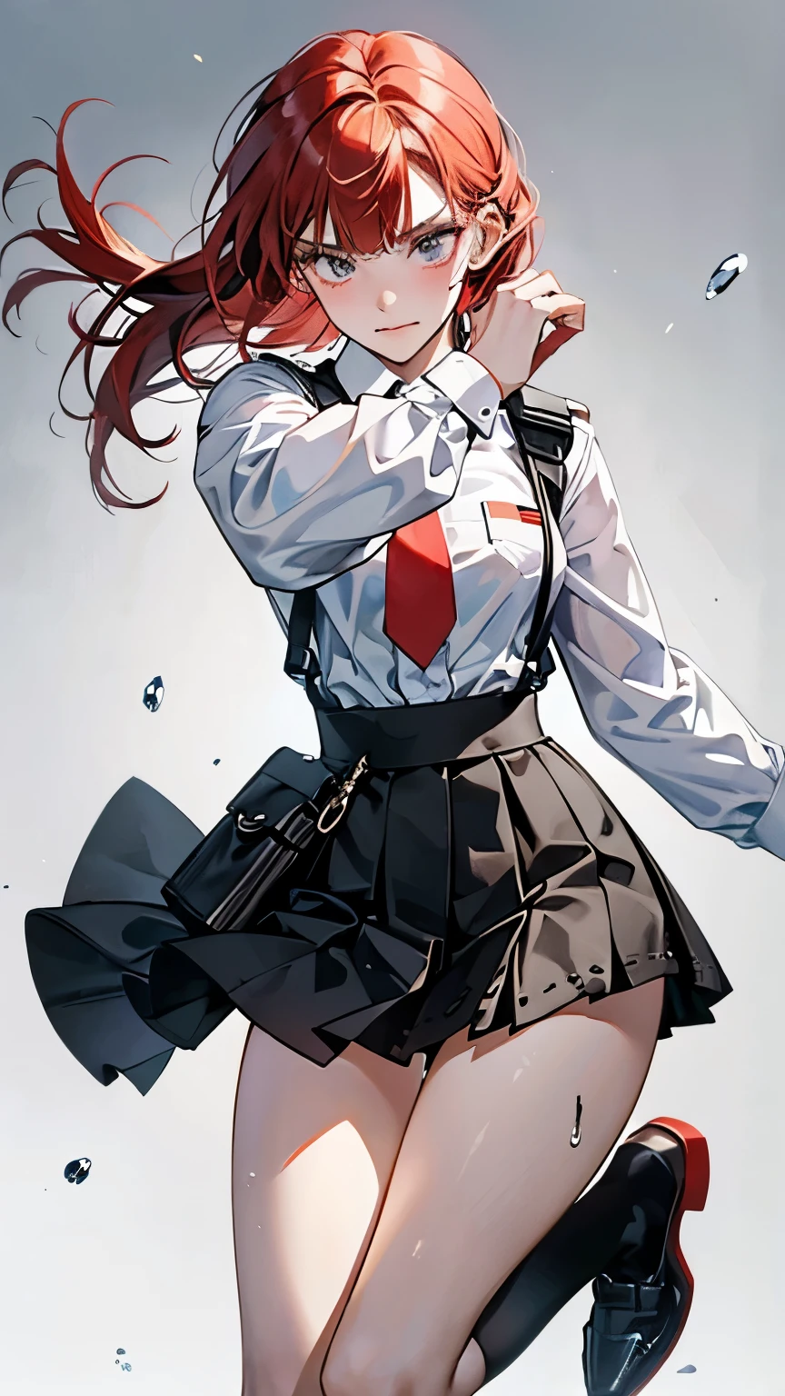 {{masterpiece}}, {{{Highest quality}}},{{Very detailed}}, {{figure}},{{tall}},{{Adult female}},,{{Fighting stance}},｛Ryona｝,{{Long sleeve mini skirt uniform}},{{Abuse power and lose}},}}{defensive posture}},{{Fight}},{Jumping},{Malaise}, ,{{distress}},{{Eyelet foot}},,{{}},{{}},,{{}},{{}},,Slender body}}{{Avoidance}}{{Female police officer}},,,,suspenders　,Long sleeve mini skirt uniform, White High Socks,Black fingerless gloves, Long Red Hair, Red tie,Straight hair ,Blunt bangs,Thigh holster,.amountn loafer,,blush,Wrinkles ,amount,Grit your teeth,suffering,v-shaped eyeamounts.,Sweat dripping,Medium chest ,get annoyed,,Slums,,Twisting,