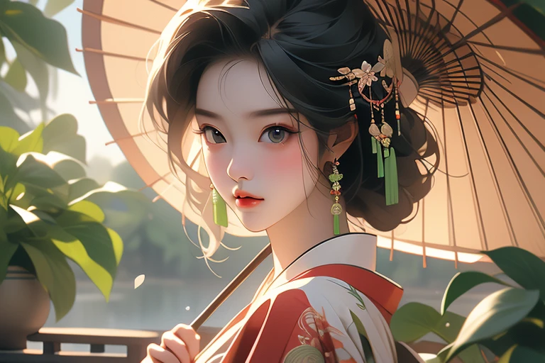 (Highest quality,8k,High resolution,masterpiece:1.2),((masterpiece,Highest quality)), 非常に詳細なHigh resolution, araffe woman In kimono holding a green umbrella and a green plant, In kimono, Japanese women, wear Kimono, Traditional Japanese, Young Japanese girl, wear Kimono,(Highly detailed skin and facial textures:1.3), (Ultra detailed face),(Detailed arms),(Beautiful attention to detail),(Beautiful lip detail), elegant Japanese women, Photographic portrait of a geisha, 皇室のwear Kimono, Japanese Kimono, Traditional geisha costume, Japanese style, In kimono, Wearing a colorful yukata
