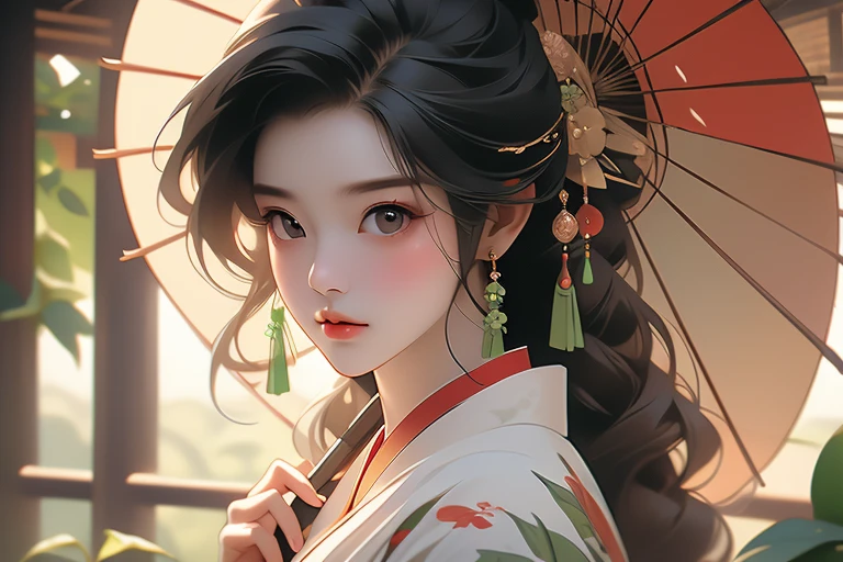 (Highest quality,8k,High resolution,masterpiece:1.2),((masterpiece,Highest quality)), 非常に詳細なHigh resolution, araffe woman In kimono holding a green umbrella and a green plant, In kimono, Japanese women, wear Kimono, Traditional Japanese, Young Japanese girl, wear Kimono,(Highly detailed skin and facial textures:1.3), (Ultra detailed face),(Detailed arms),(Beautiful attention to detail),(Beautiful lip detail), elegant Japanese women, Photographic portrait of a geisha, 皇室のwear Kimono, Japanese Kimono, Traditional geisha costume, Japanese style, In kimono, Wearing a colorful yukata