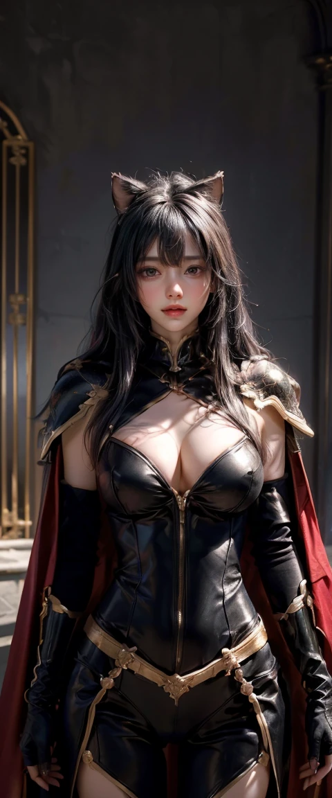 ((work of art, best qualityer, The highest image quality, high resolution, realisitic, OriginalPhoto, 8k)), ((Extremely detailed 8k unified CG wallpaper)), breasts big，neckleace(Huge and amazing photo of Goddess, very hot and sexy, jaw dropping beauty, perfect proportion, Body cute, Fine body:1.4), castle interior, 拟人化的黑catboy Knight卡通人物, catboy Knight, She wears black armor with gold trim and a crimson cape..., Cat's ears, catboy&#39;Tailpussy, She raised a saber, hands on hips，stare,