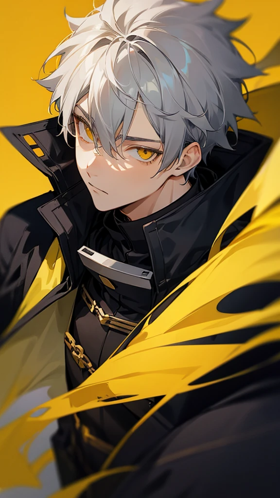 age male character with gray hair and yellow eyes and black coat