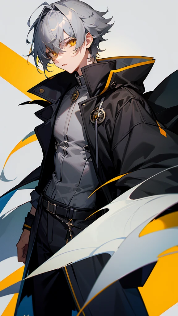Teenage male character with gray hair and yellow eyes and black coat