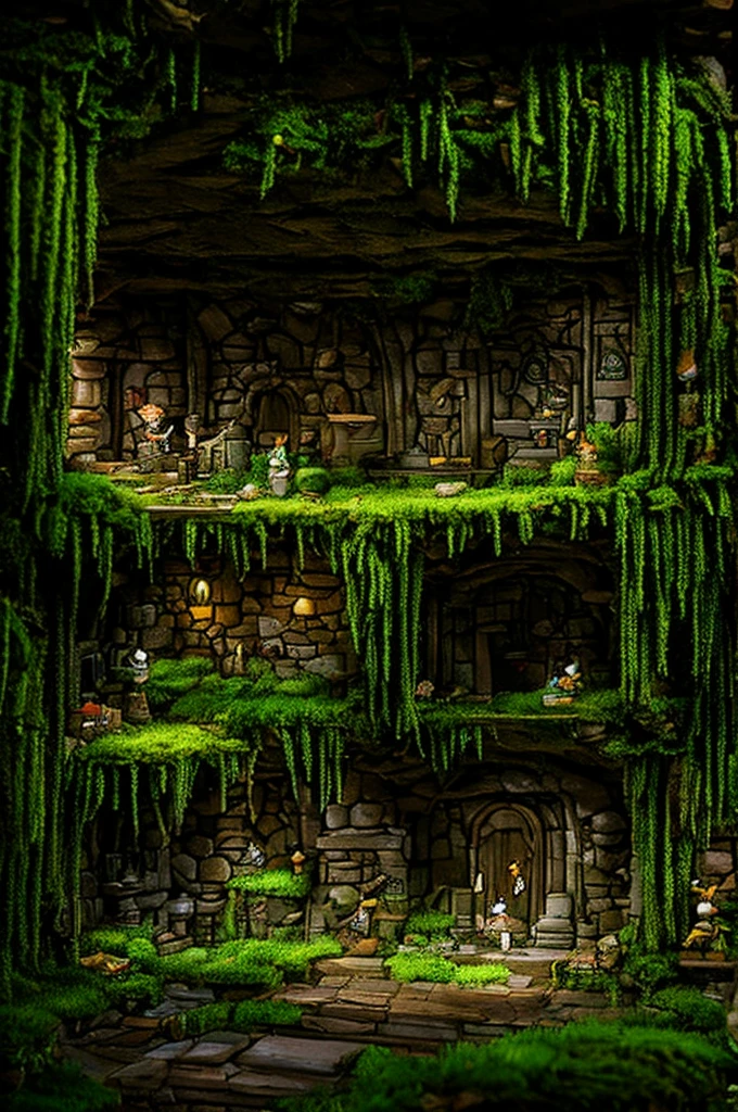 a dungeon full of monsters, with fairies and gnomes between the cracks in the walls and lots of moss inside
