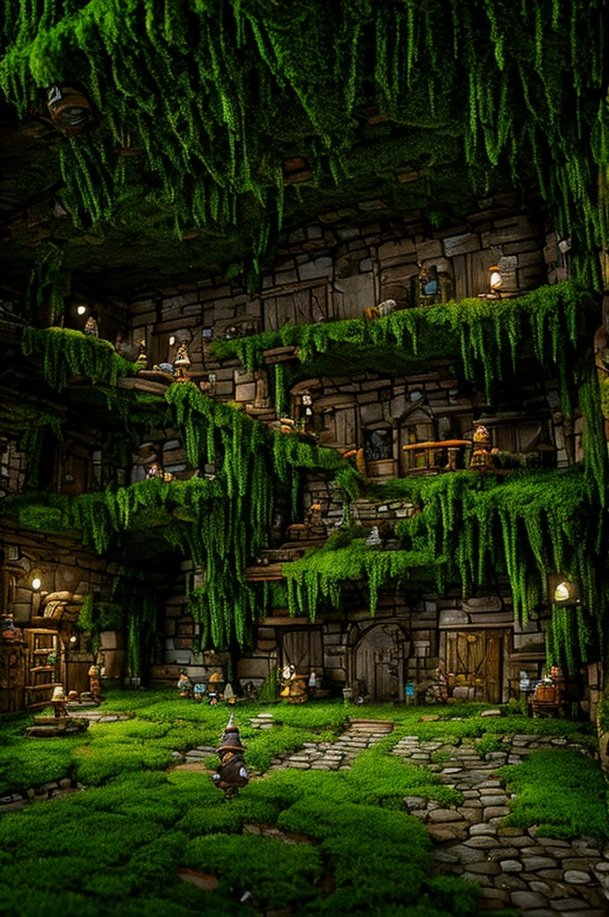 a dungeon full of monsters, with fairies and gnomes between the cracks in the walls and lots of moss inside