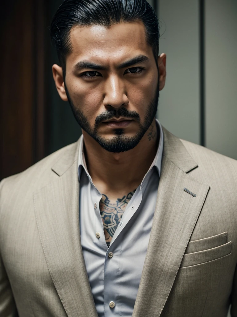 (best quality), 1boy, Male, asian, white skin, black hair, short hair, slicked back hair, brown eyes, perfect eyes, light beard, handsome, serious, yakuza, tattoo, black suit, wealthy, masterpiece, anatomically correct, highres