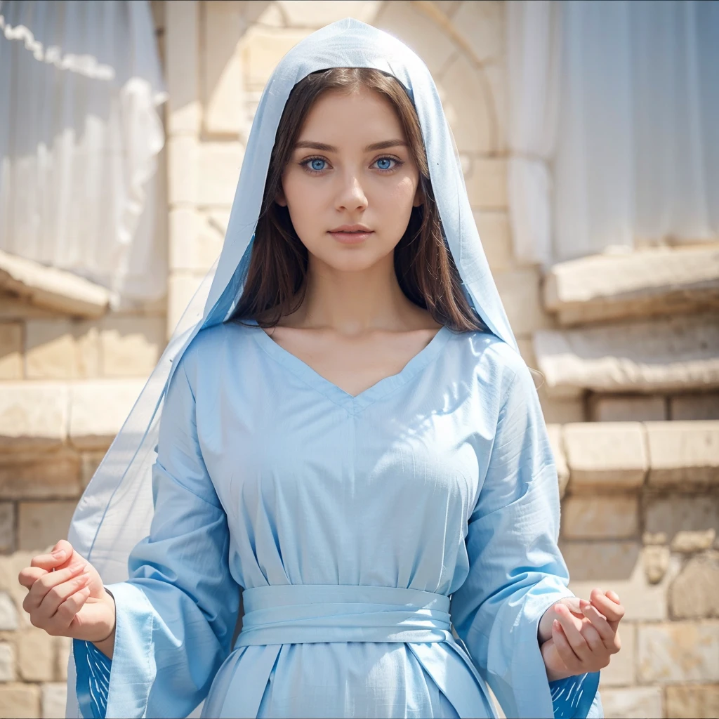 Beautiful woman with light blue eyes, wearing a blue tunic with wide, long sleeves adjusted at the waist by a white sash. Wear a thick white veil. She has open arms. Beautiful female hands