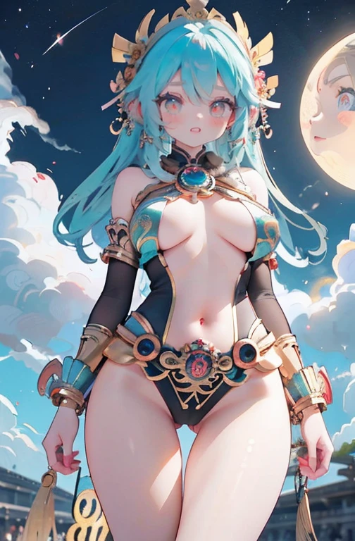 Anime Kawaii sexy Perfect Slim sensual body large breast and huge thighs, An intricate and highly detailed illustration of anime ( girl). (((Aztec Goddess))) best qualityer, ultra-high resolution, Detailed CG in 4K, work of art, Coyolxauhqui ,moon goddess, aztec mythology, Aztec temple, Aztec clothing, natta, Mexico, aesthetics, Beautiful picture, centered on screen