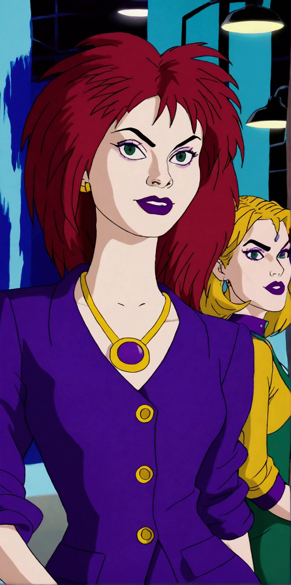 A cute girl, light skin, sexy, attractive, red hair, shiny cut, tousled, her green eye, dresses in a purple button-down buttoned long office coat and a long purple skirt with a black heel.