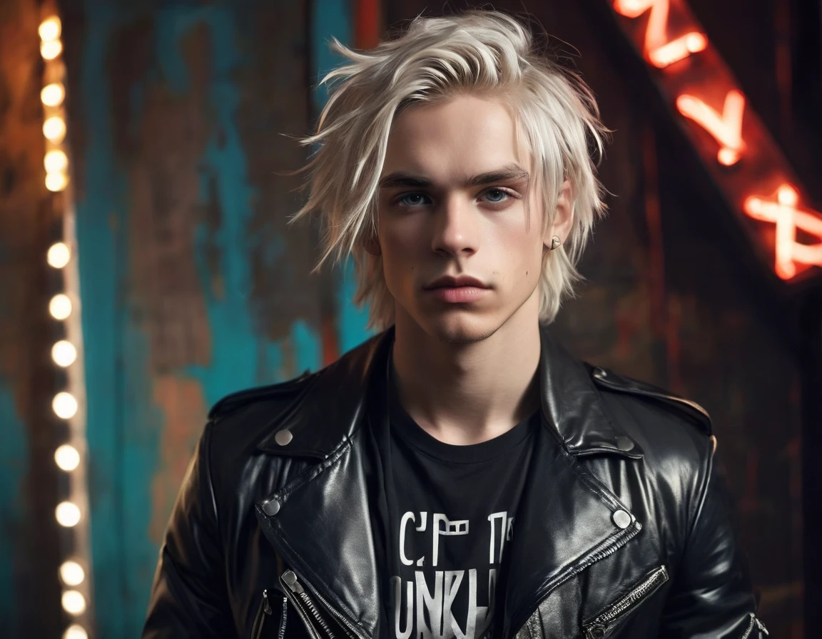 Photorealistic, low lighting, solo, young man, 22 years, pale skin, model (skinny:1.3), (short layered platinum blond hair:1.5), (black leather jacket:1.3), gothic punk clothes, incubus, sexy, (neon letters C N T X:1.4), strip club lighting, BDSM background