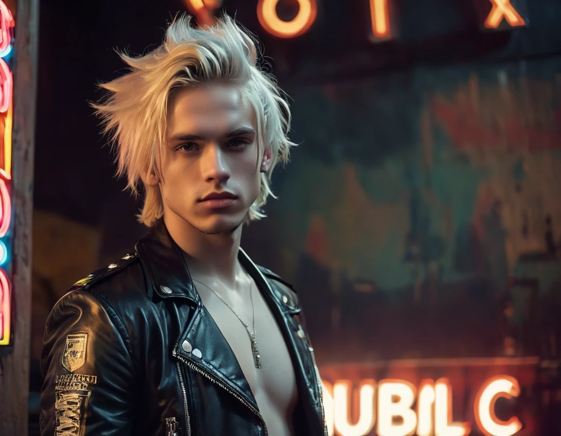 Photorealistic, low lighting, solo, young man, 22 years, pale skin, model (skinny:1.3), (short layered platinum blond hair:1.5), (black leather jacket:1.3), gothic punk clothes, incubus, sexy, (neon letters C N T X:1.4), strip club lighting, BDSM background