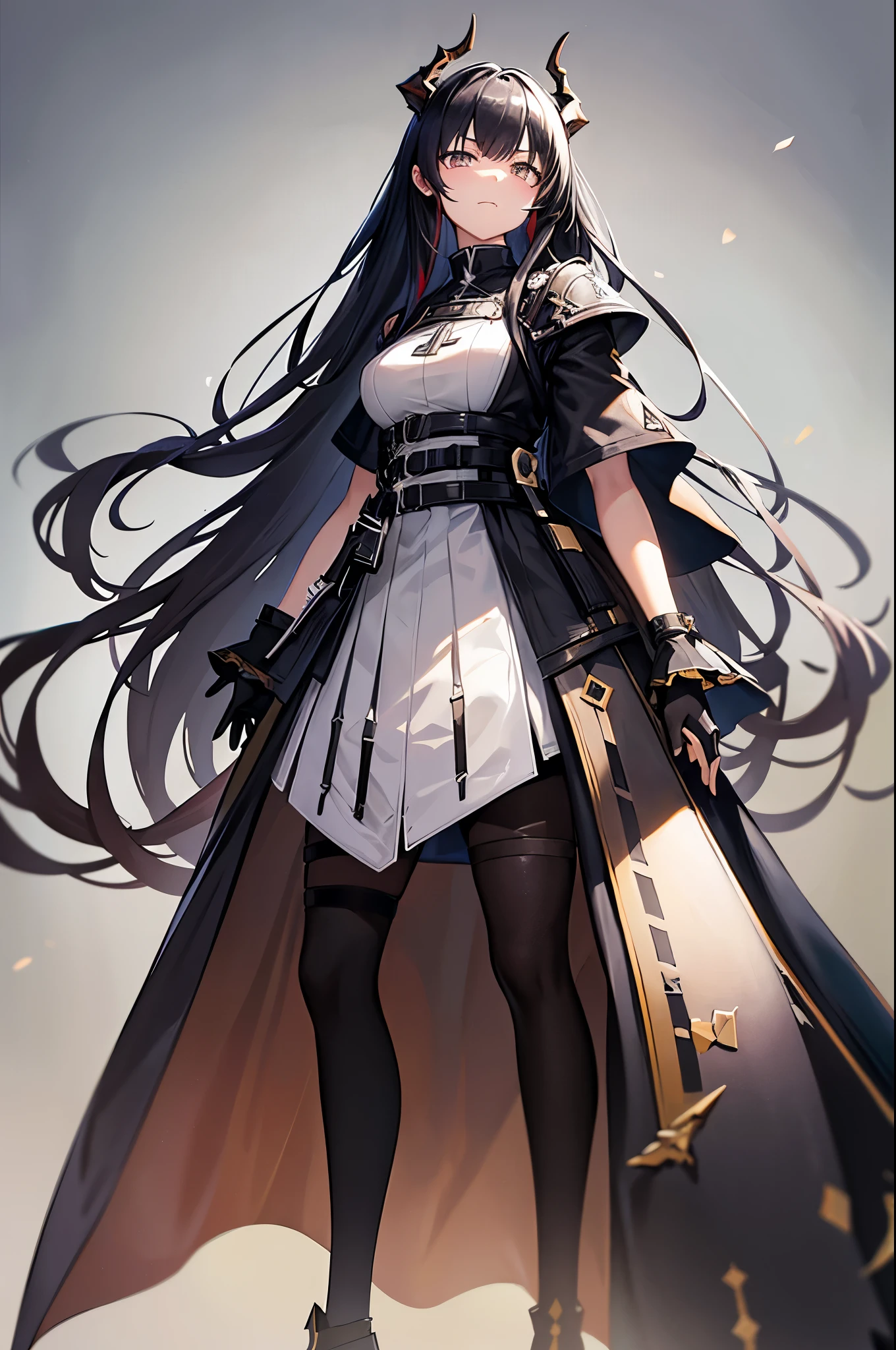 Arknights Characters,Sarkaz,Long black horns on the head,Arknights style,Latter-day rough soil,High-tech equipment,Source stone装备,Source stone,Tall girl,a battle man,Look solemn,角色Standing picture,Standing picture,detail,人物Standing picture,whole body,Standing picture,detail,Face clarity,Combat attire,Tall and tall,Royal sister,Black hair,White highlights,Black and white hair