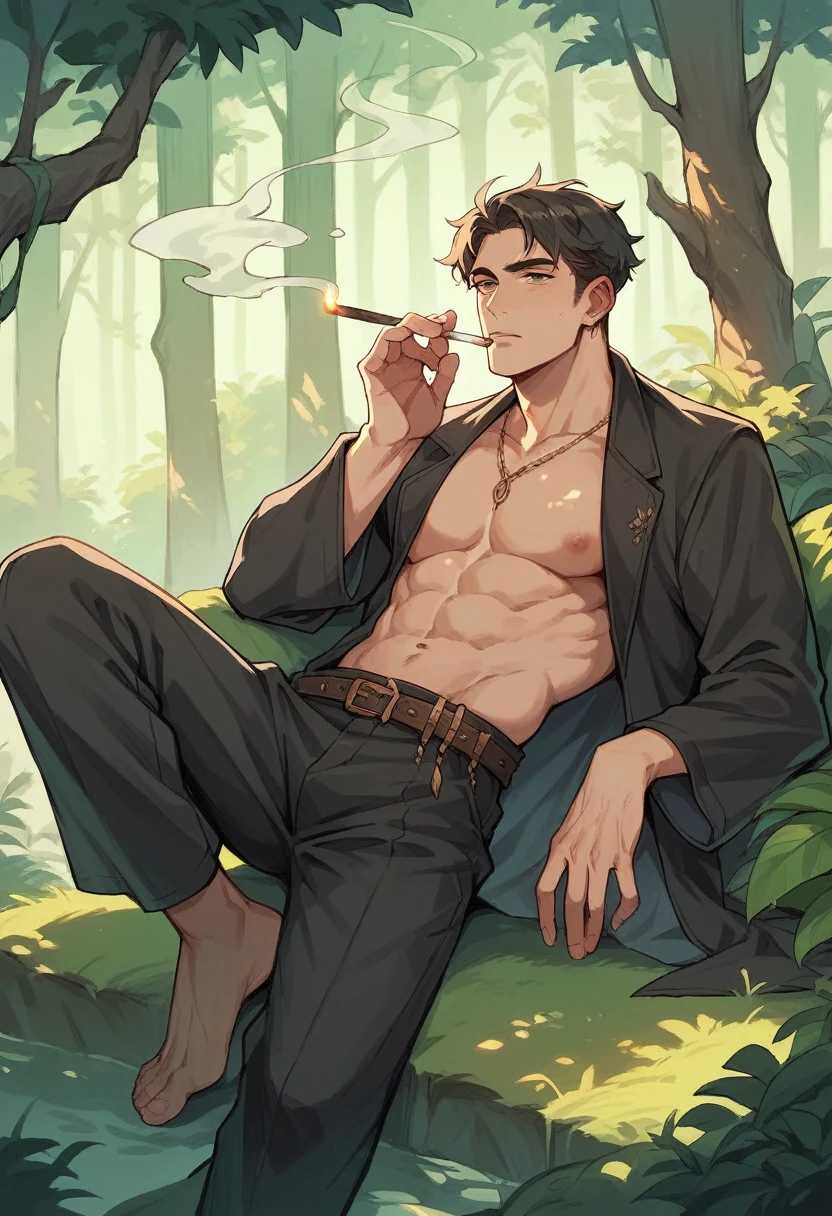 Lonely boy ,Background beautiful forest relaxing smoking , classical costumes