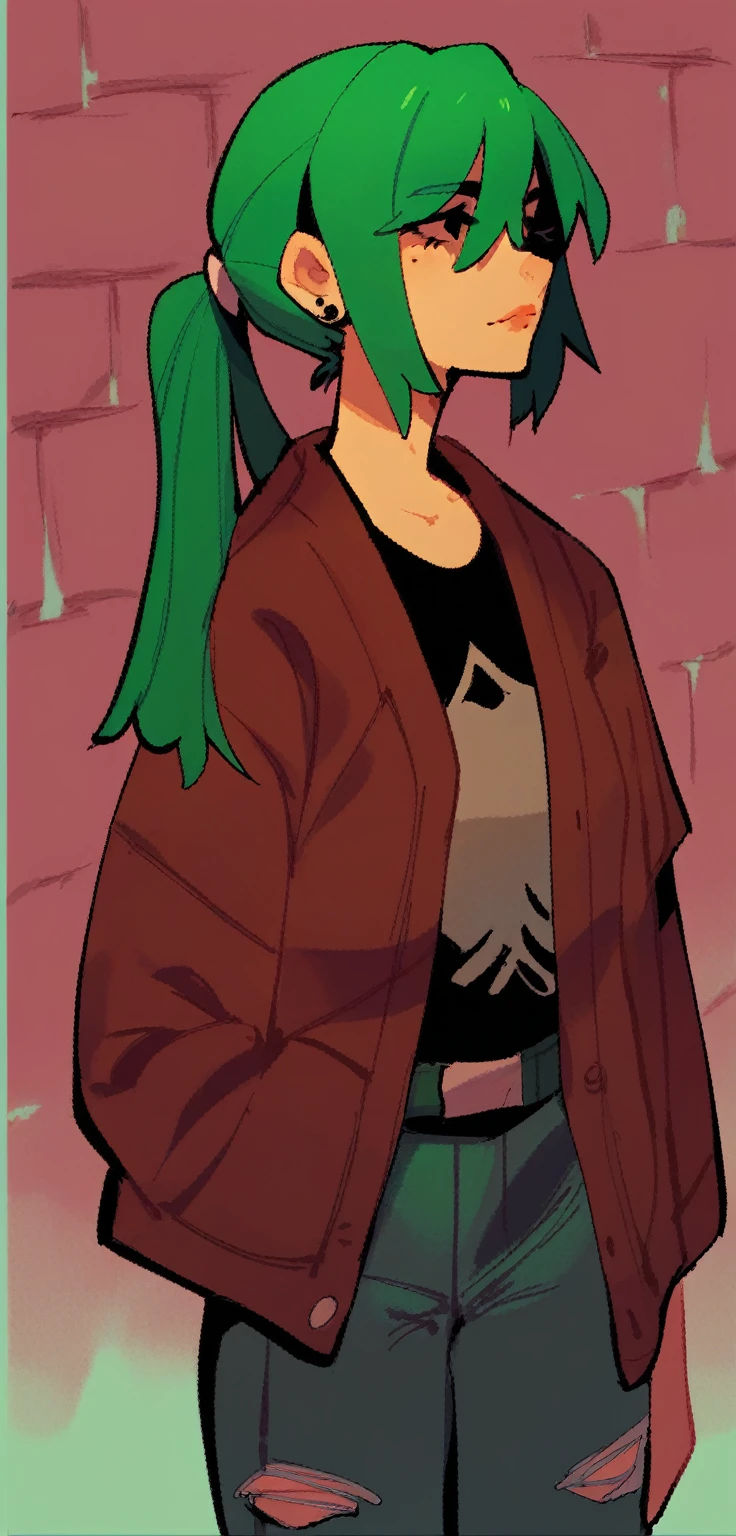 cartoon of a woman with green hair and a ponytail standing in front of a brick wall, full body portrait of a short!, cel - shaded art style, character full body portrait, full body close-up shot, a character portrait, dressed in a green robe, tall female emo art student, full body character portrait, inspired by Taiyō Matsumoto