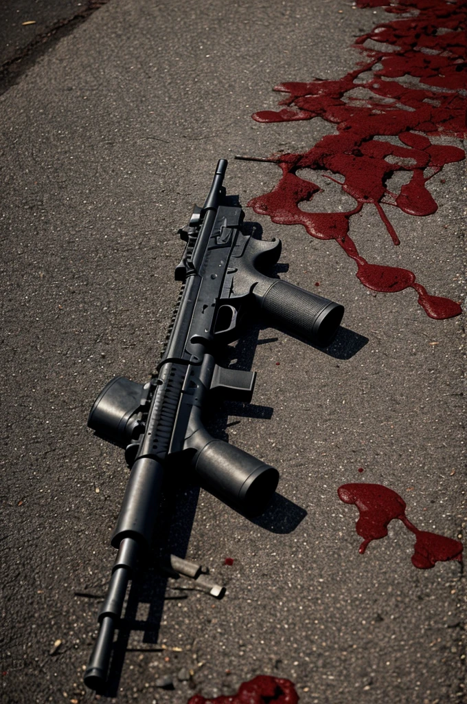 A gun embedded in the ground, covered by a cloth soaked in blood...