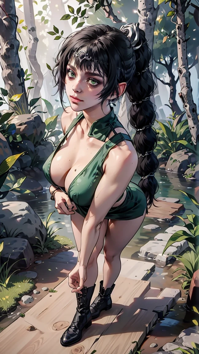 face expression smirk,smirkinggreen eyes shadowheart ,oiled skin,solo, masterpiece, best quality, shadowheart, black hair, braided ponytail, green eyes, big tits, vagina ,circlet,full body , full shot , unhappy, sketch, looking at viewer, forest background, posing , sexy pose, blushing, oily skin, sexy, big tits, sexy pose,abs,muscular,forest , glowing eyes , forest background , (sexy posed)