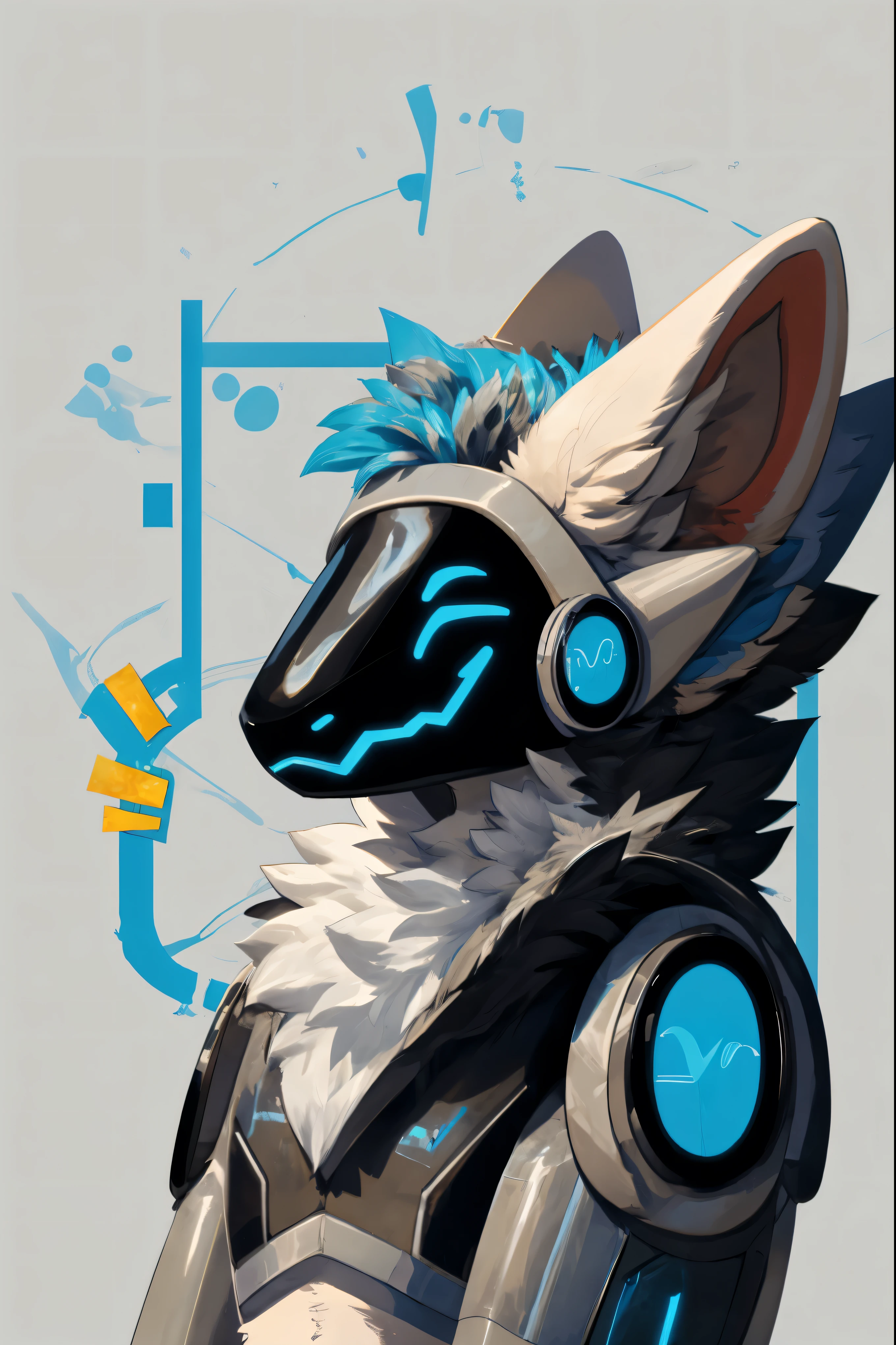 protogen (with blue lines on his face and technological armor), Fluffy tail, masculine, furry ears
