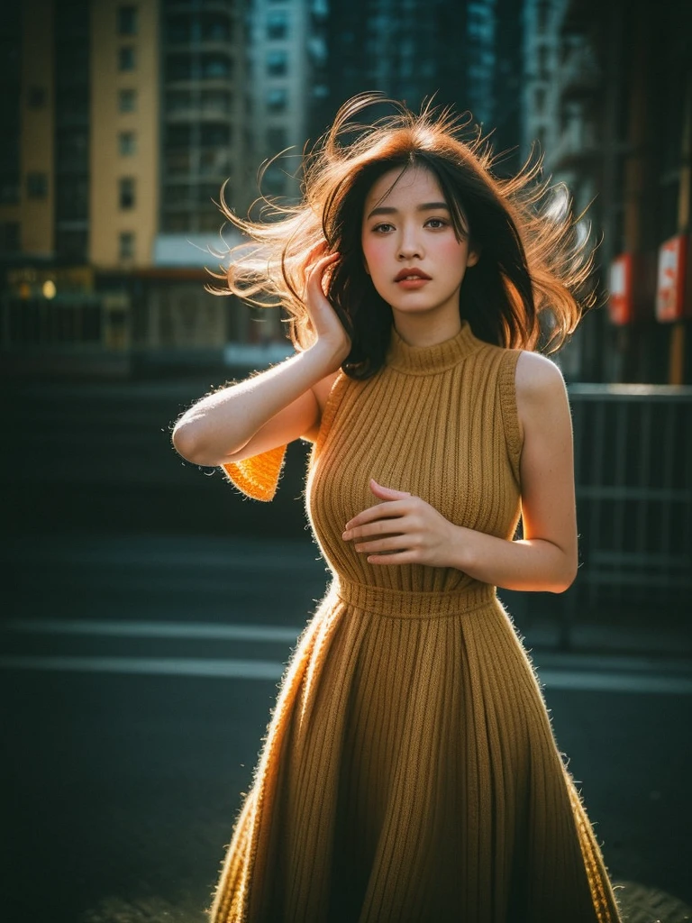 full body shot, Best quality, a 20y chubby mongolian women, wearing (bohemian woolen dress:1.3), big breast, redhead hair blowing in the wind, moody atmosphere, sunlight exposure, beautiful shadow, intricate posing on the (newyork city:1.4) , kodacrhome, cinematic, natural, perfect direct of photography, realistic face and eyes, realistic skin, ultra highly detailed, sharp focus, beautiful film bokeh, surreal view, masterpiece photo, shot by zenit camera with 35mm lens, Portrait by annie leibovitz