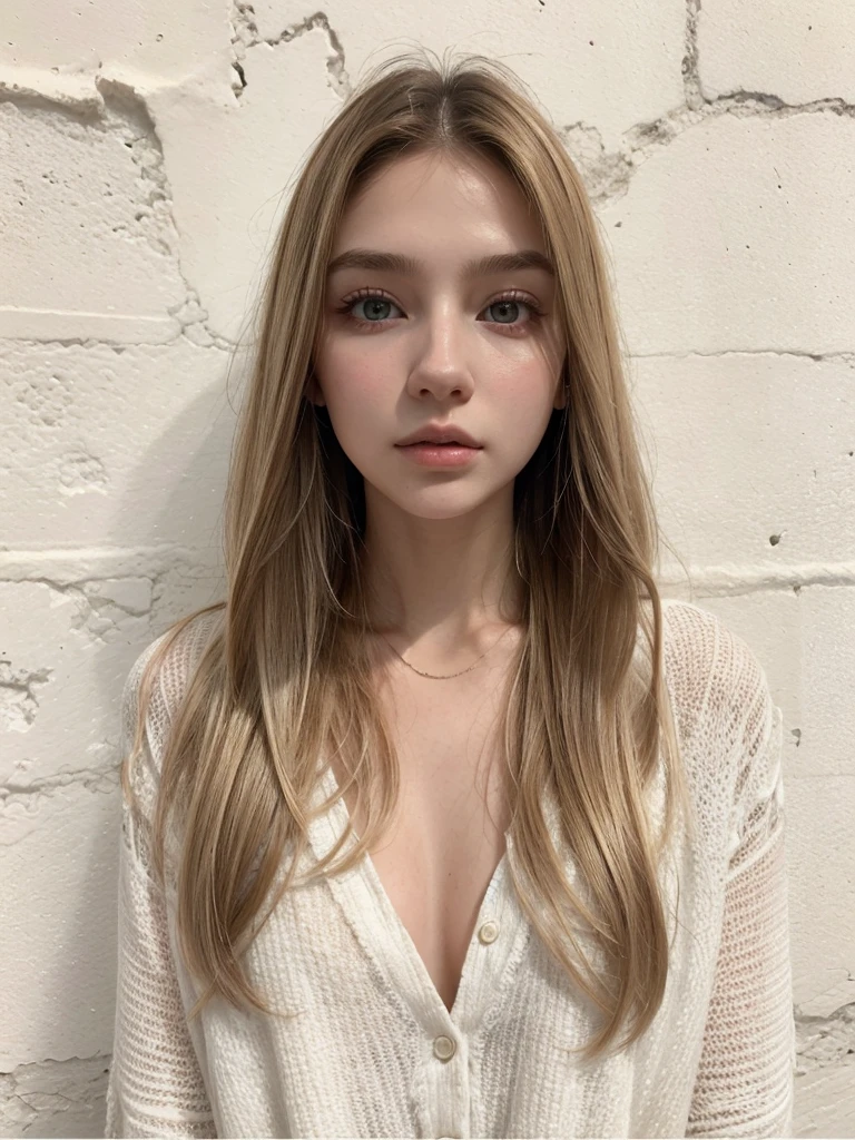 a close-up of a woman with long hair and a white shirt, Retrato Sophie Mudd, Sidney Sweeney, Victoria Gavrilenko, 2 4 year old female model, Yulia Gorokhova, anastasia ovchinnikova, long straight blonde hair, angelina stroganova, beautiful young model, Dasha Taran, a girl with blonde hair, straight hairstyle, white light threads