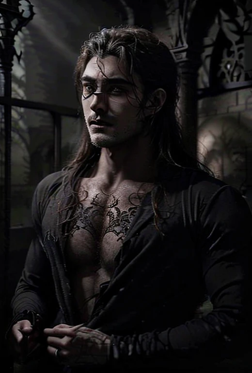 a vampire gothic hunk in sexy black lace underwear, muscular physique, chiseled jawline, piercing eyes, pale skin, dramatic lighting, high contrast, dark moody atmosphere, cinematic composition, masterfully rendered, photorealistic, intricate details, dramatic shadows, rich colors