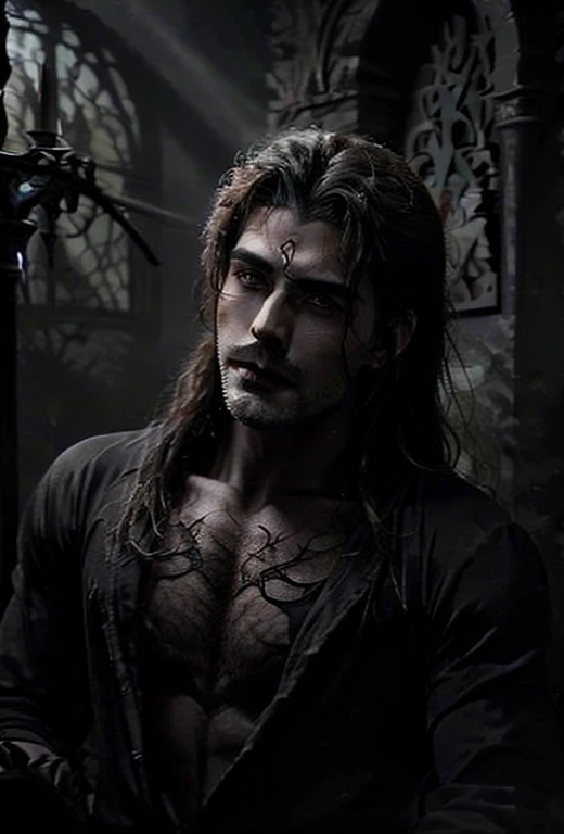 a vampire gothic hunk in sexy black lace underwear, muscular physique, chiseled jawline, piercing eyes, pale skin, dramatic lighting, high contrast, dark moody atmosphere, cinematic composition, masterfully rendered, photorealistic, intricate details, dramatic shadows, rich colors