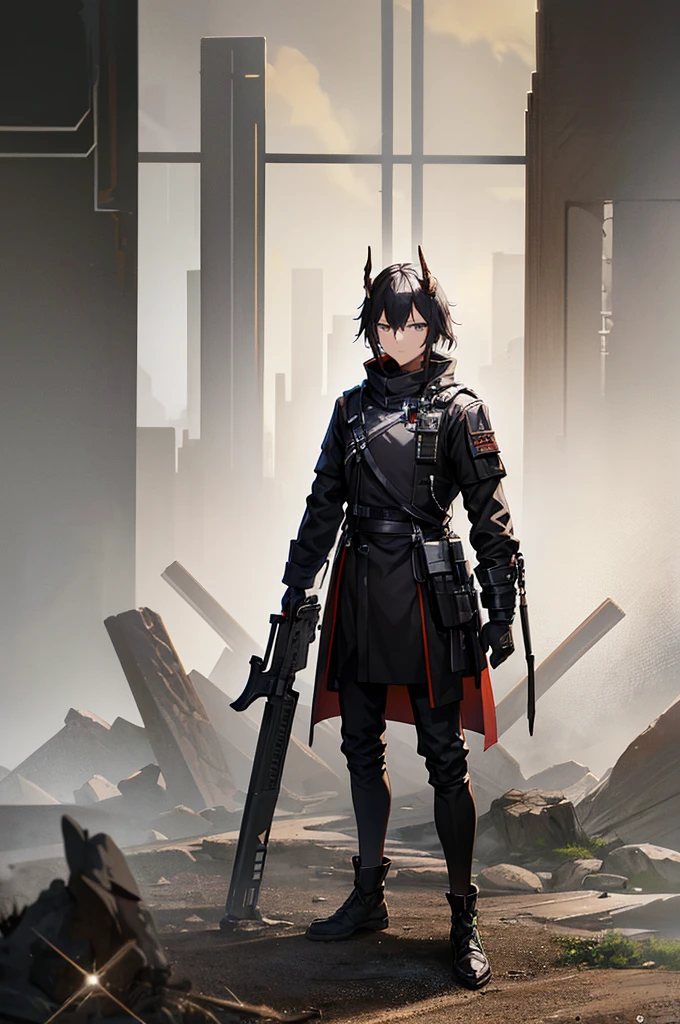 Arknights Characters,Sarkaz,Long black horns on the head,Arknights style,Latter-day rough soil,High-tech equipment,Source stone装备,Source stone,male,a battle man,Look solemn,角色Standing picture,Standing picture,detail,人物Standing picture,whole body,Standing picture,detail,Face clarity,Combat attire,Tall and tall,Firearms,Complex equipment,bomb