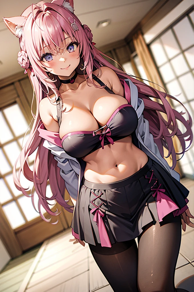 hakui koyori,indoor,big breasts,smile,cleavage,off shoulder,navel,miniskirt,pantyhose