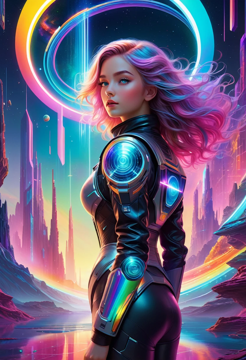 An effervescent metaverse explorer emerges from a shimmering portal, surrounded by swirling colors and digital landscapes. The main theme is a young girl wearing futuristic clothing, exuding a sense of wonder and determination. This image is a stunning work of digital art, capturing the essence of technological beauty and adventure. Her vibrant hair falls in rainbow hues, reflecting light from neon signs and holographic displays. High-definition resolution shows every detail, from the intricate patterns on your suit to the reflection of distant galaxies in your eyes. The overall composition exudes a sense of exploration and discovery, inviting viewers to join her on an exciting journey through the digital world.