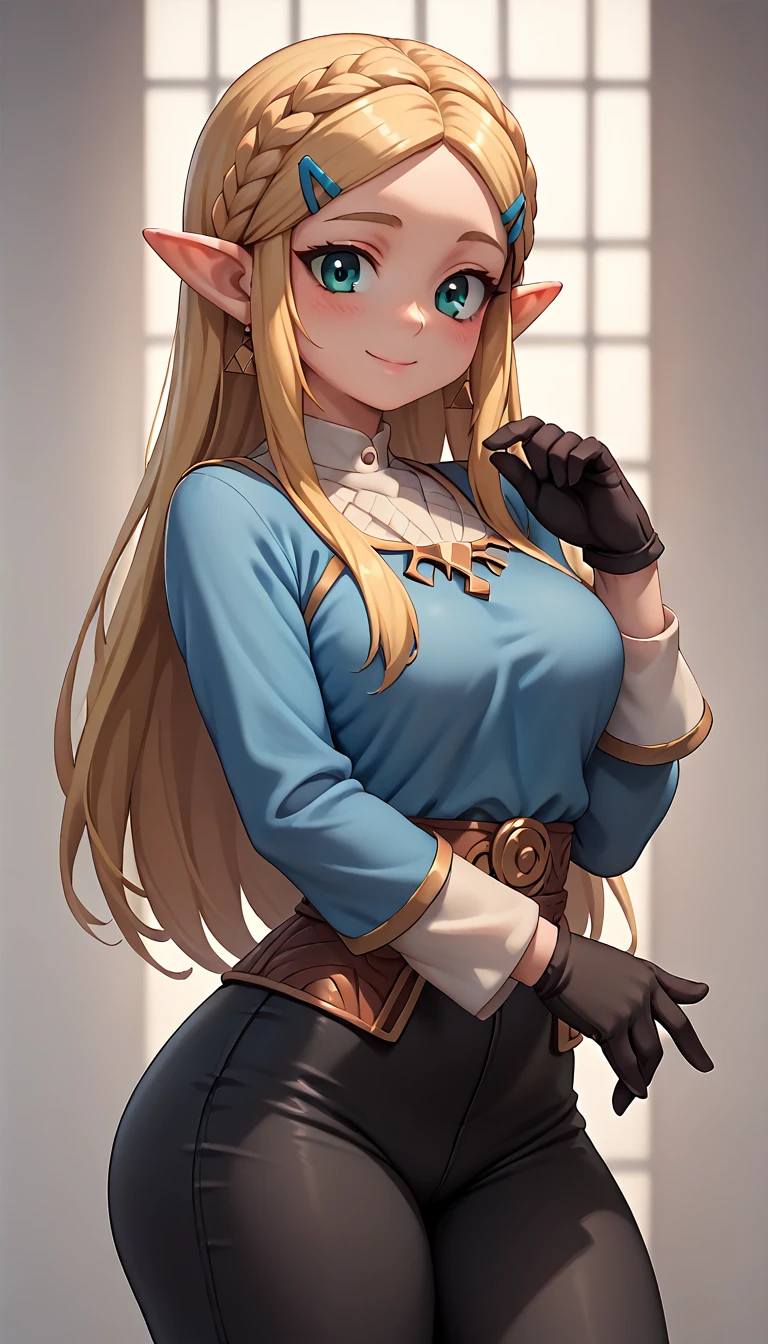 High resolution, Very detailed, perfect lighting, beautiful detailed eyes,   ((masterpiece,Best Quality)), absurdities, alone,     princess zelda, by the width, crown braid, Hair clip, pointy ears, blue shirt, long sleeves, Gloves without fingers, black gloves, Black pants, tight pants, smile, curves, nod,   ,  deep neckline, deep neckline 