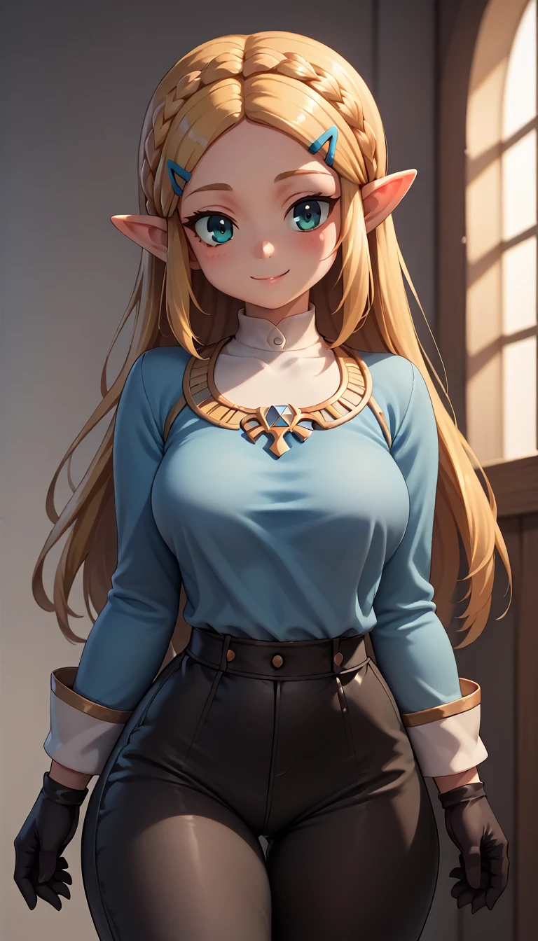 High resolution, Very detailed, perfect lighting, beautiful detailed eyes,   ((masterpiece,Best Quality)), absurdities, alone,     princess zelda, by the width, crown braid, Hair clip, pointy ears, blue shirt, long sleeves, Gloves without fingers, black gloves, Black pants, tight pants, smile, curves, nod,   ,  deep neckline, deep neckline 