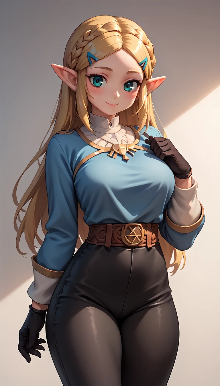 High resolution, Very detailed, perfect lighting, beautiful detailed eyes, ((masterpiece,Best Quality)), absurdities, alone, princess zelda, by the width, crown braid, Hair clip, pointy ears, blue shirt, long sleeves, Gloves without fingers, black gloves, Black pants, tight pants, smile, curves, nod, , deep neckline, deep neckline