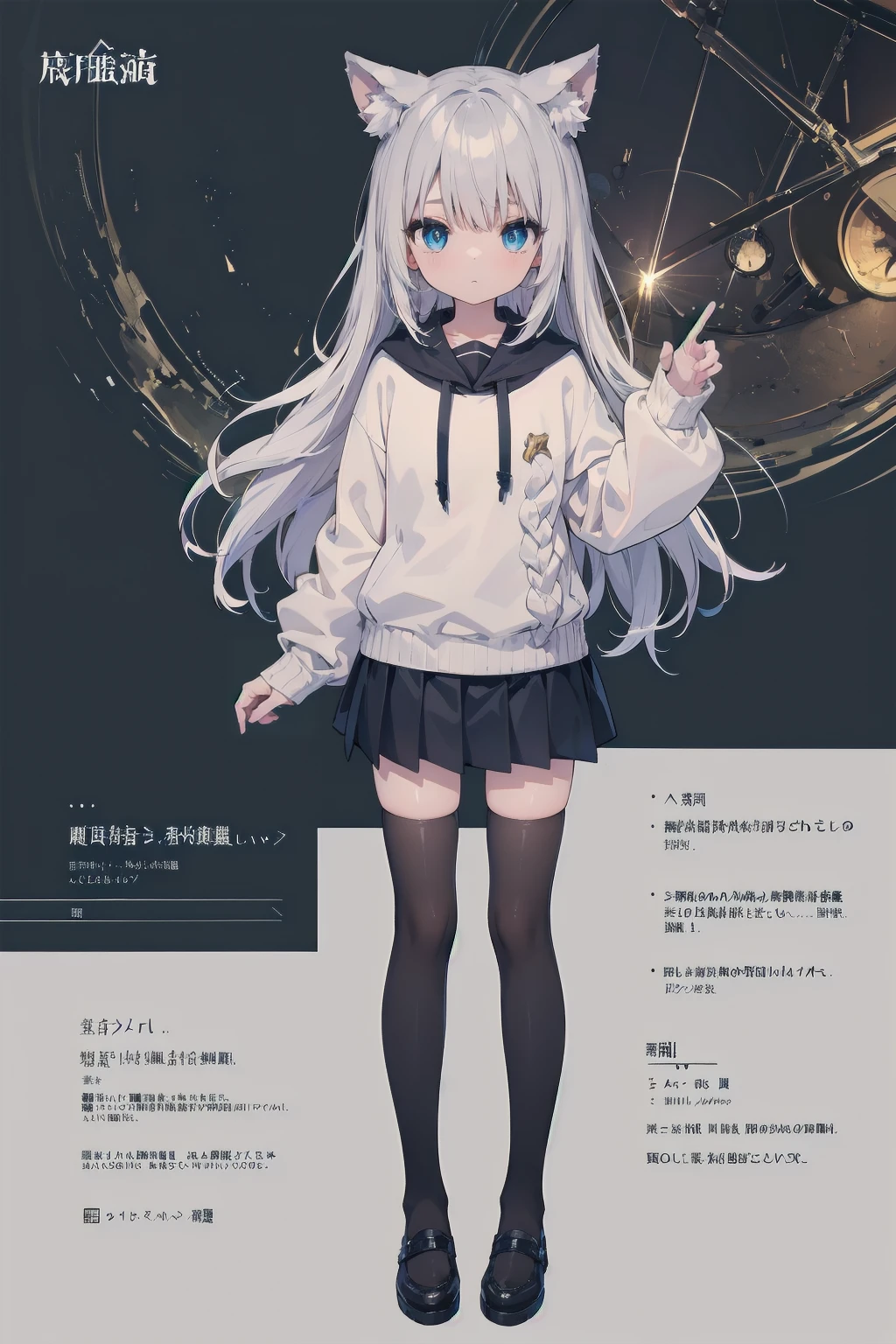(Animal ears), Light silver hair, blue eyes, Wearing a knitted sweater, skirt and knee socks, Full body pose,Indifferent expression, (masterpiece), (Highest quality), (非常にdetailedな), more_detailed:-1, more_detailed:0, more_detailed:0.5, more_detailed:1, more_detailed:1.5, Shine