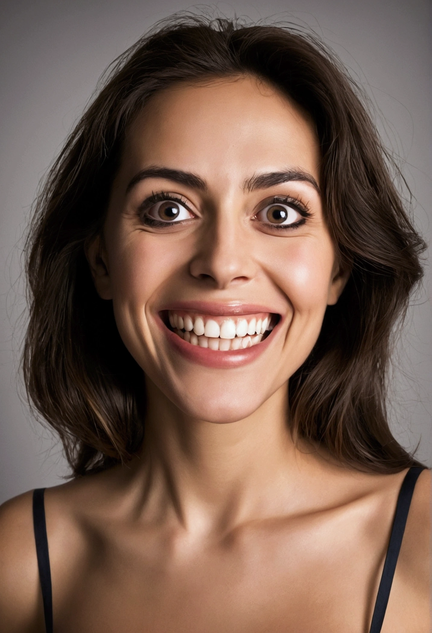 Woman 1.58 meters, big eyes wide open, Lost look, exaggerated smile, fake smile, teeth visible, crazy face, Great cleavage, by rubio