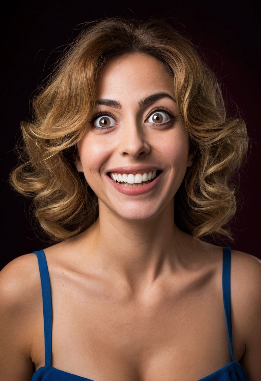 Woman 1.58 meters, big eyes wide open, Lost look, exaggerated smile, fake smile, teeth visible, crazy face, Great cleavage, by rubio